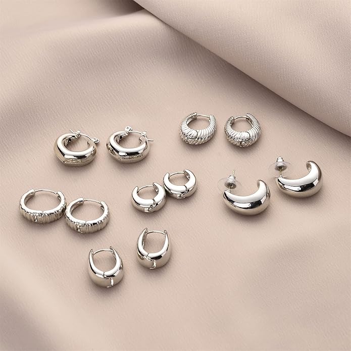 Wgoud Chunky Hoop Earrings Set 14K Gold Plated Hoop Earrings for Women Hypoallergenic, Thick Twisted Huggie Hoops Earring Set
