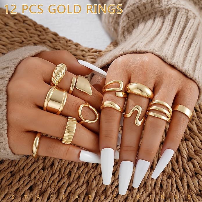 17 MILE Chunky Gold Stackable Rings for Women Non Tarnish, 18K Gold-Plated Statement Open Stacking Rings, Knuckle Band Ring Set