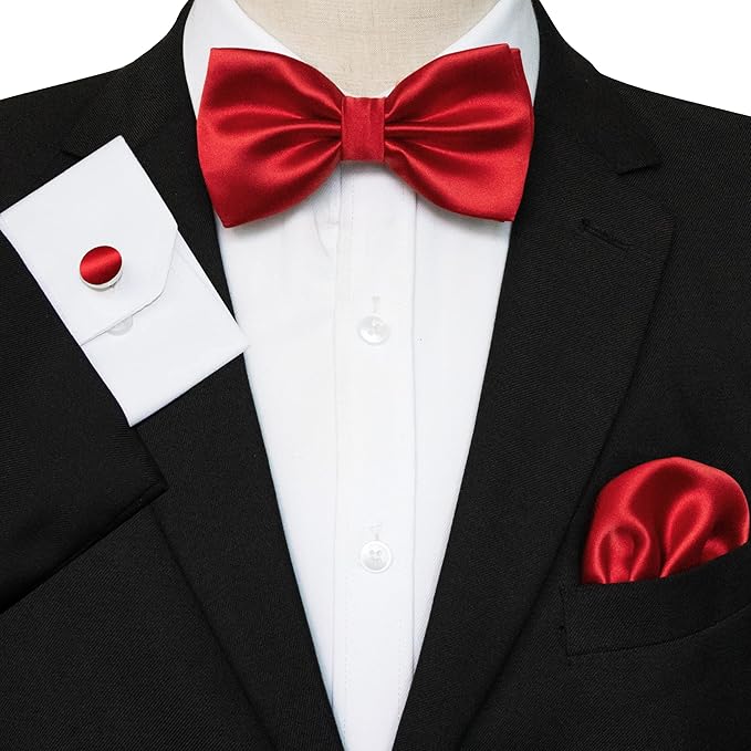 JEMYGINS Solid Color mens Pre-tied Bow Tie and Pocket Square Cufflinks Sets with Gift Box