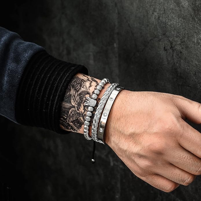 WFYOU 3PCS Stainless Steel Bracelets for Men Gold Roman Numeral Bangle Bracelet Twisted Cable Bracelet Adjustable Cuff Bracelet Mens Luxury Jewelry Bracelets Gifts