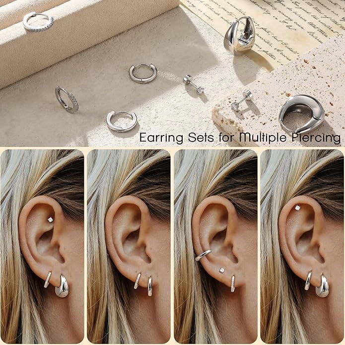 BESTEEL Small Hoop Earrings for Women - Hypoallergenic 14K Gold Plated Surgical Steel Chunky Huggie Earings Stacks Set Dainty Cute Cartilage Flat Back Stud Jewelry Trendy Gift 4 Pairs