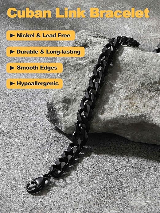 U7 Link Bracelets for Men, Cuban Link/Rope/Watch Band Solid Bracelet, Silver Black Gold Color Wrist Bracelet 3/6/9/12/15mm Width, 6.5/7.5/8.3 Inch Length, Hand Chain Jewelry for Mens Women