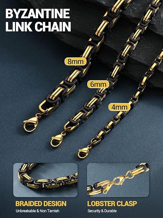PROSTEEL 4MM/6MM/8MM Stainless Steel Necklace for Men Women, Stylish and Cool, Byzantine Chain Black Gold Silver Tone, 18-30 Inches, Come Gift Box