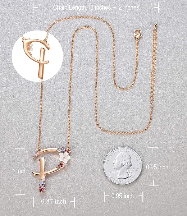 Flower Initial Letter Necklace Pink Red Blue Simulated Pearl Pendant Name Jewelry Made with Austrian Crystals Rose Gold Plated Anniversary Birthday Gifts for Women,18"+2"