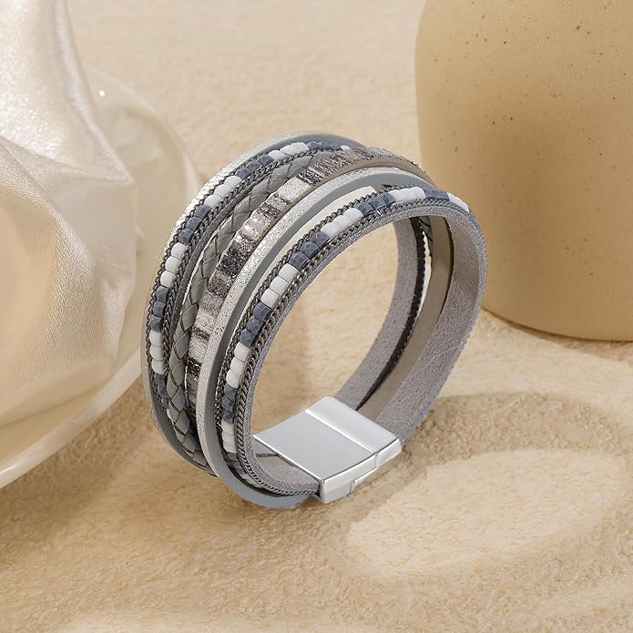 ENGCKSHI Wrapped Bracelets for Women,Leather Bracelet,Boho Bracelets for Women,Multi-Layer Pearl Crystal Bracelet Bangle Jewelry