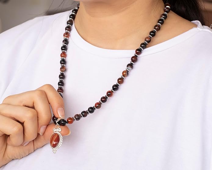 Natural Carnelian Agate Silver Pendant, Genuine Black Onyx Beaded Necklace, Gemstone Strong Necklace, 18x13 Cabachon, Fashion Dainty Jewelry, Healing Crystal Chakra Necklace, Minimalist Necklace