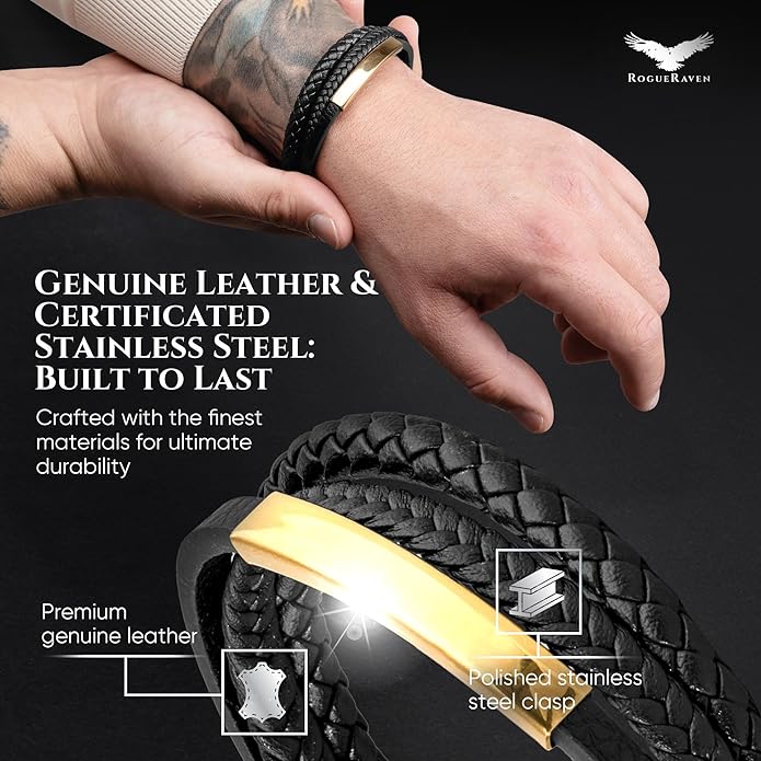 RogueRaven Black Leather Bracelet for Men – Premium Collection – Brown Black Gold Silver | Genuine Leather Mens Bracelet with Stainless Steel Clasp [Adjustable] | In Luxury Gift Box