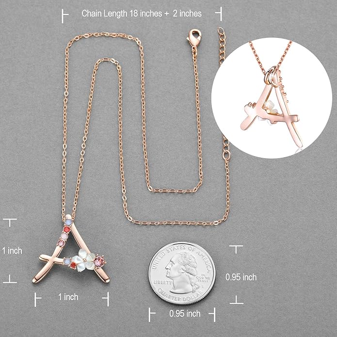 Flower Initial Letter Necklace Pink Red Blue Simulated Pearl Pendant Name Jewelry Made with Austrian Crystals Rose Gold Plated Anniversary Birthday Gifts for Women,18"+2"