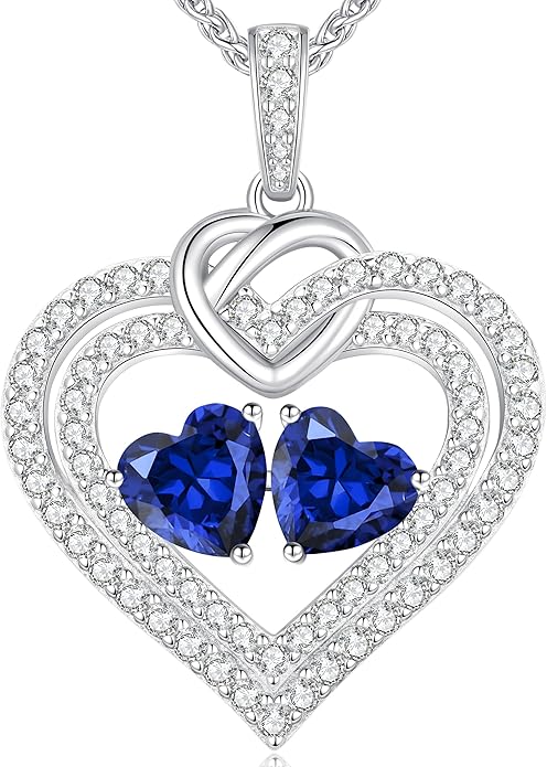 LOUISA SECRET Sparkling Double Heart Birthstone Necklaces for Women, 925 Sterling Silver Fine Jewelry, Pendant Heart Necklaces Birthday Anniversary Christmas Gift for Women Wife Mom Girlfriend Lady