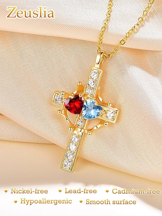 Zeuslia Double Birthstone Necklace Gifts for Wife - 925 Sterling Silver Sunflower/Rose/Crown Cross/Compass/Heart Pendant I Love You Necklace, Anniversary Birthday Gifts for Wife Girlfriend Mom Her