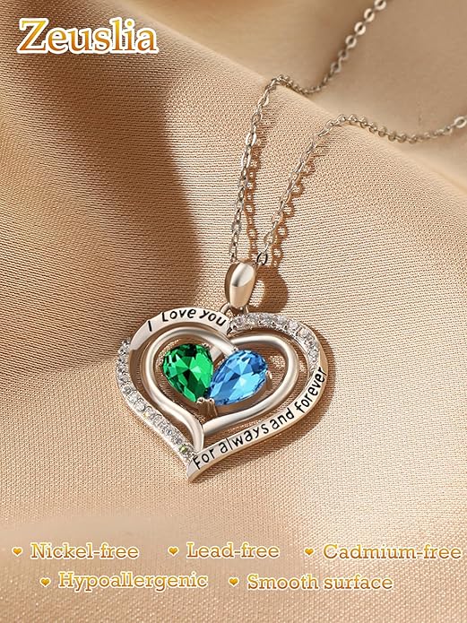 Zeuslia Double Birthstone Necklace Gifts for Wife - 925 Sterling Silver Sunflower/Rose/Crown Cross/Compass/Heart Pendant I Love You Necklace, Anniversary Birthday Gifts for Wife Girlfriend Mom Her
