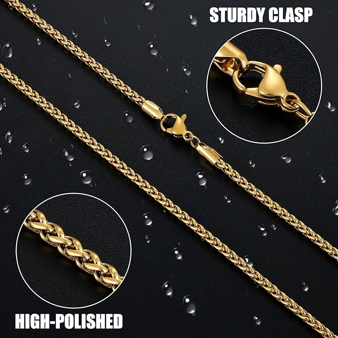 Fiusem Black Wheat Chains for Men and Women, 2/2.5/3/4/5mm Stainless Steel Necklace Chain, Mens Necklace Jewelry Gift 16-28 Inch