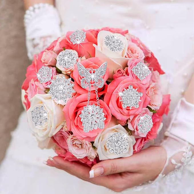 Yhsheen Silver Rhinestone Brooches Pin Kits Crystal Pearl Brooches for Bouquets for Wedding Decoration Accessories Jewelry Making Crafts(Sliver-14PCS)-D