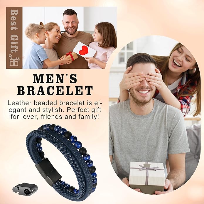 Gifts for Men - Layered Leather Beads Bracelet, Tiger Eye Lava Rock Stone Braided Leather Bracelets for Men Adjustable Magnetic Clasp Birthday Gifts