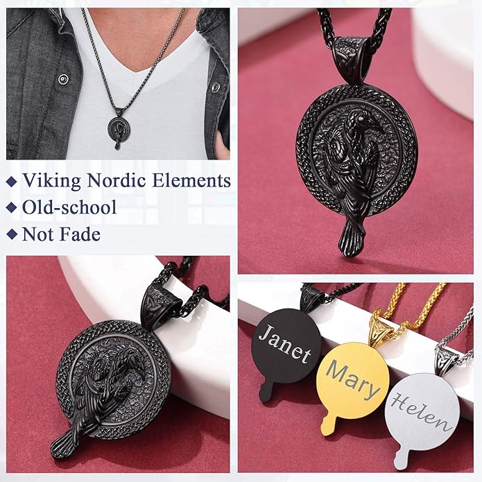 FaithHeart Viking Raven Necklace for Men, Norse Mythology Raven Skull Pendant Sturdy Stainless Steel Amulet Jewelry Gift for Men