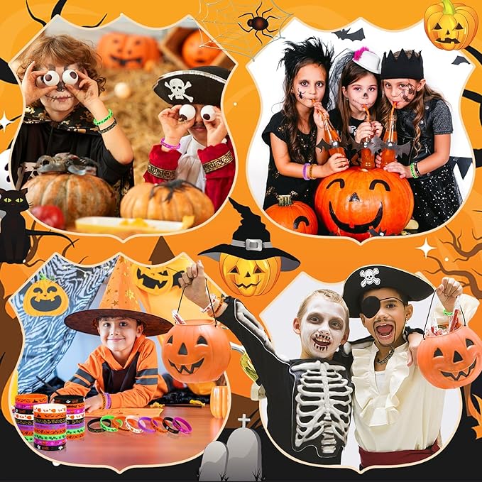 JUNEBRUSHS 64pcs Halloween Party Favors Silicone Bracelets Rubber Wristbands for Halloween Party Trick or Treat Goodie Bag Stuffers Fillers Decorations Accessories Supplies(8 Designs)