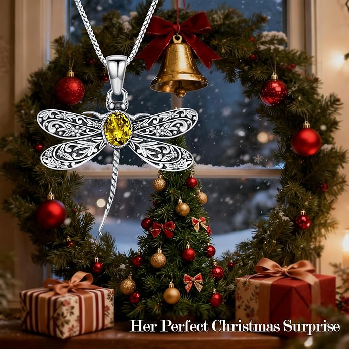 Vintage Dragonfly Necklace for Women 925 Sterling Silver, Oval Birthstone Dragonfly Pendant Boho Jewelry Birthday Gift for Her, Mom, Grandma