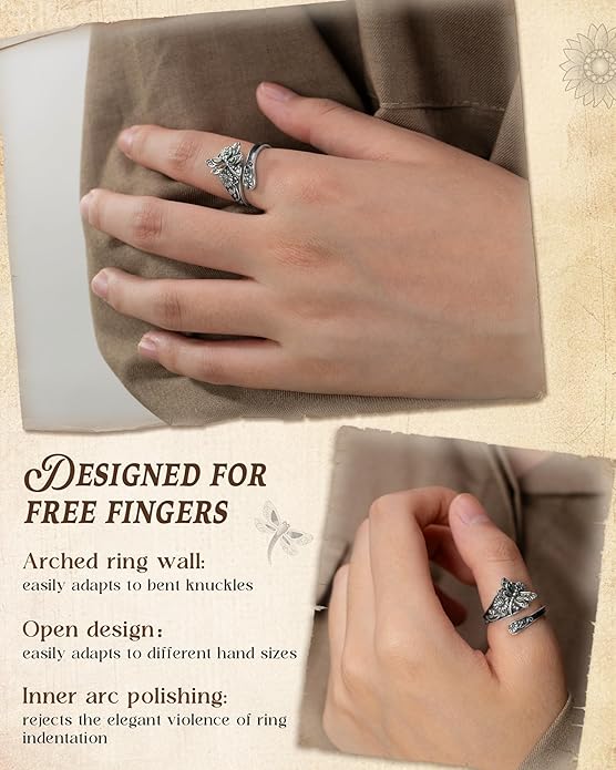 S925-Sterling-Silver Abalone Dragonfly-Turquoise Spoon Ring - Vintage Boho Sunflower Thumb Oxidized Wrap Rings Victorian Style Antique Floral Jewelry Gifts for Women