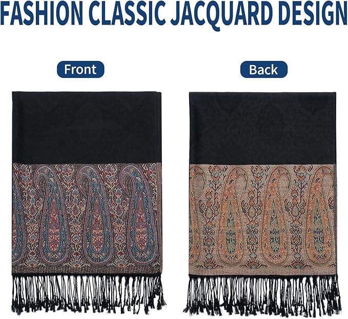 QIUTIMIY Paisley Pashmina Shawl Wrap Women Reversible Vintage Jacquard Pashmina Rave Scarf with Fringe for Evening, Wedding