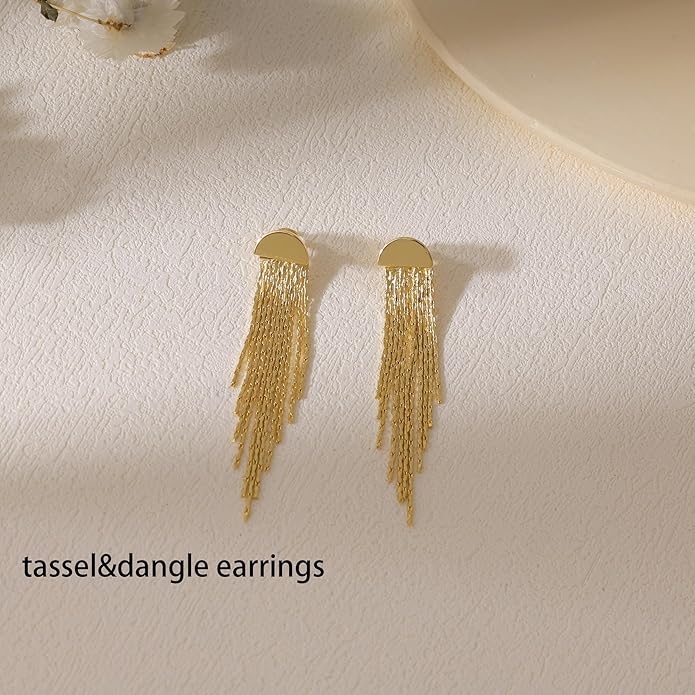 Gold Earrings for Women, 14K Gold Plated Tassel Dangle Earrings for Women Trendy Hypoallergenic Long Chain Earring Dainty Pearl Drop Earrings Elegant Wedding Earring Fashion Jewelry for Womens