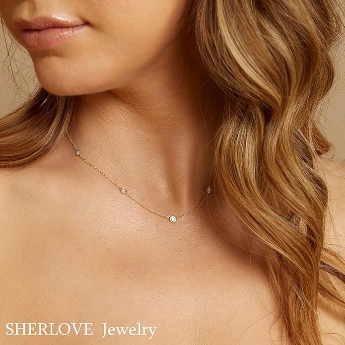Dainty Gold Diamond Necklace for Women, 14k Gold Plated Diamond Station Choker Necklace for Women Daily & Minimalist, Gold Jewelry for Women
