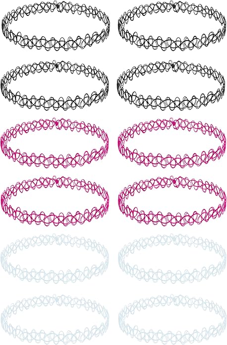 BodyJ4You 12PC Tattoo Choker Necklace - 90s Accessories 2000s Jewelry Y2K Fashion Vintage Trendy - Rainbow Goth Black Pink Green Blue White - Adjustable Stretchy Elastic Necklace Summer Vacation Set