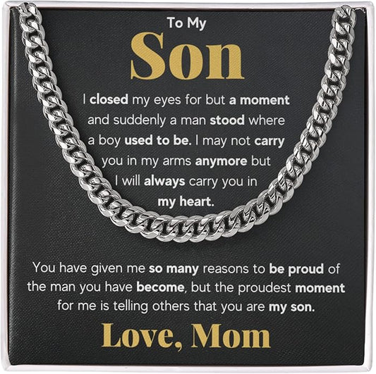 FG Family Gift Mall To My Son From Mom, Son Gifts From Mom and Dad, Mother and Son Necklace, Birthday Gift For My Son Graduation Christmas Cuban Link Chain Necklace Present