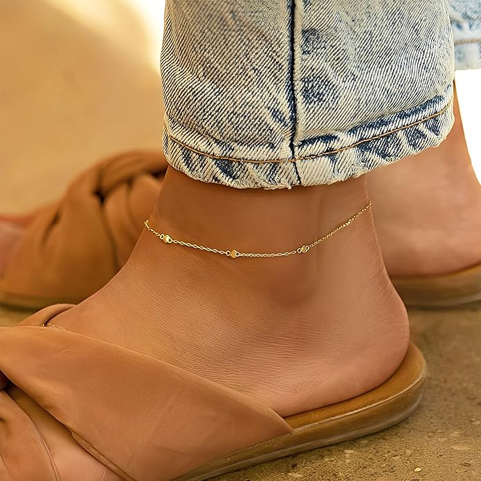 iF YOU Gold Ankle Bracelets for Women, 14k Gold Plated Waterproof Cuban Link Chain Anklets Set, Layered Anklet Bracelets for Women Beach Gift Adjustable Size 5pc