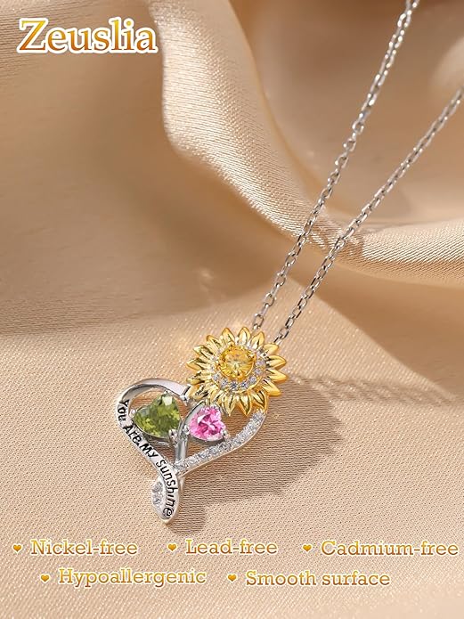 Zeuslia Double Birthstone Necklace Gifts for Wife - 925 Sterling Silver Sunflower/Rose/Crown Cross/Compass/Heart Pendant I Love You Necklace, Anniversary Birthday Gifts for Wife Girlfriend Mom Her
