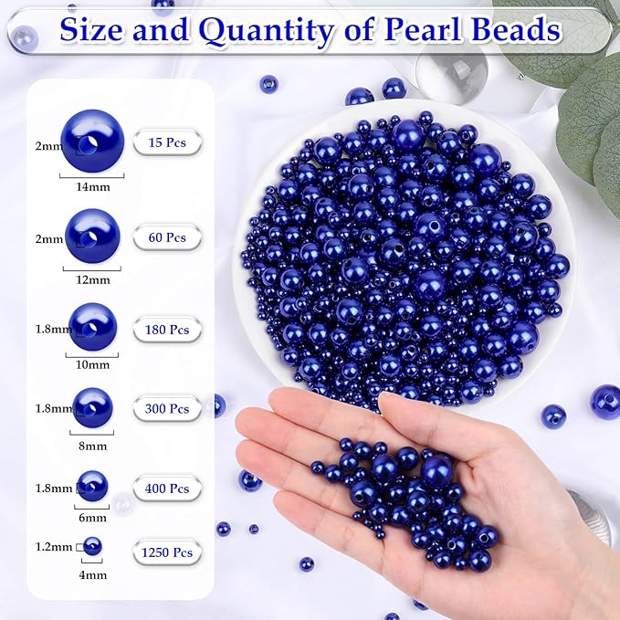 Anezus 2205Pcs Blue Pearls for Craft, Assorted Sizes Fake Pearl Beads, Sew on Pearls, Bulk Loose Pearl Beads with Holes for Jewelry Making, Bracelets, Necklaces, Hairs, Decoration, Vase Filler