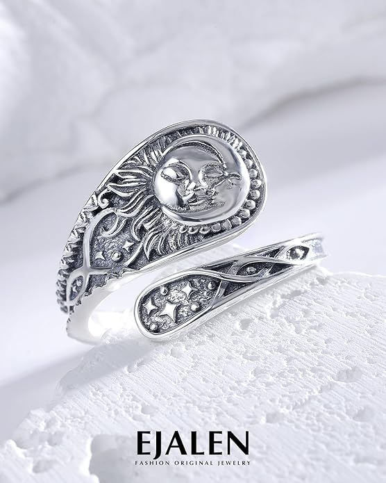 S925-Sterling-Silver Abalone Dragonfly-Turquoise Spoon Ring - Vintage Boho Sunflower Thumb Oxidized Wrap Rings Victorian Style Antique Floral Jewelry Gifts for Women