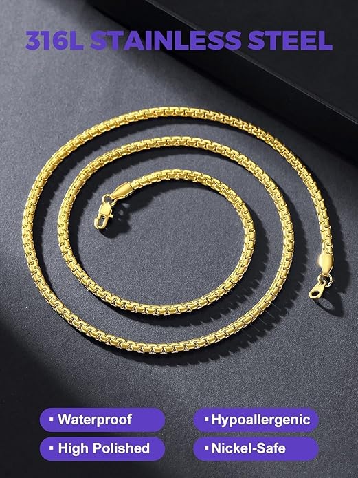 Richsteel Stainless Steel Mens Flat Link Chain Necklace, Black/Gold/Steel Chain for men, 2mm/4mm/6mm Width, No Tarnish & Hypoallergenic Hip Hop Jewelry, 18"-30" Length