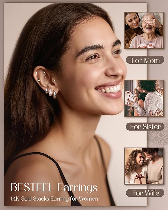 Hypoallergenic 14K Gold Plated Hoop Stud Earrings for Women Surgical Stainless Steel Flat Back Earrings Lightweight Small Chunky Huggie Hoops Cartilage Earring Stacks for Multiple Piercing Women Gifts