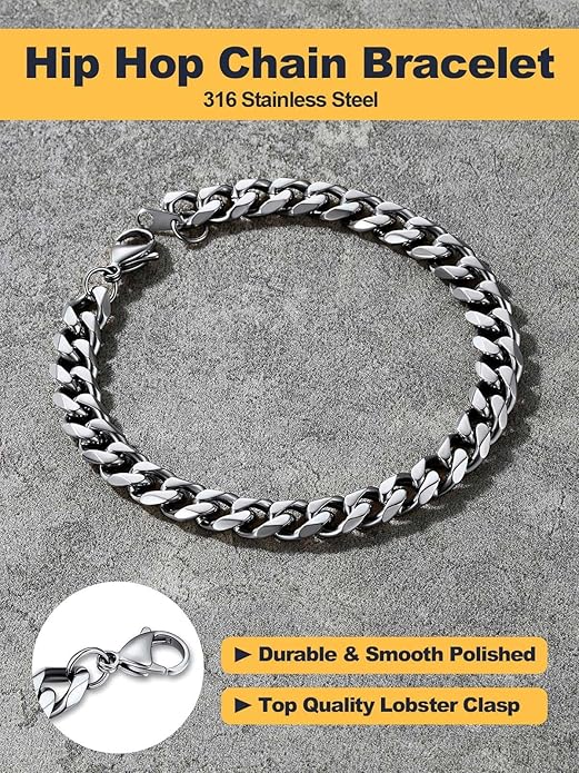 U7 Link Bracelets for Men, Cuban Link/Rope/Watch Band Solid Bracelet, Silver Black Gold Color Wrist Bracelet 3/6/9/12/15mm Width, 6.5/7.5/8.3 Inch Length, Hand Chain Jewelry for Mens Women