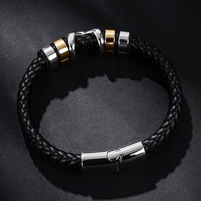 Leather Bracelet for Men Braided Cuff Wristband Stainless Steel Clasp in Silver and Gold Jewellery Gift