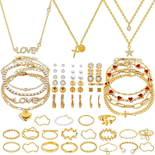 HaHaGirl Golden Collection Fashion Jewelry Set Stocking Stuffers, Layered Necklaces, Bracelets, Earrings, Rings, Modern Contemporary Style for Women