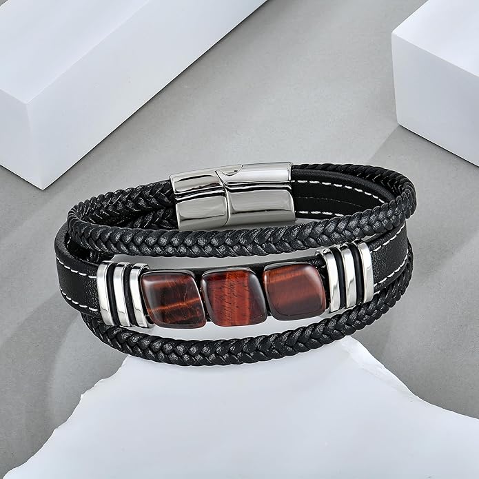 STARCHENIE Multi Strand Bracelet for Men Square Authentic Tiger Eye Black Braided Leather Mens Bracelet and Stainless Steel Buckle