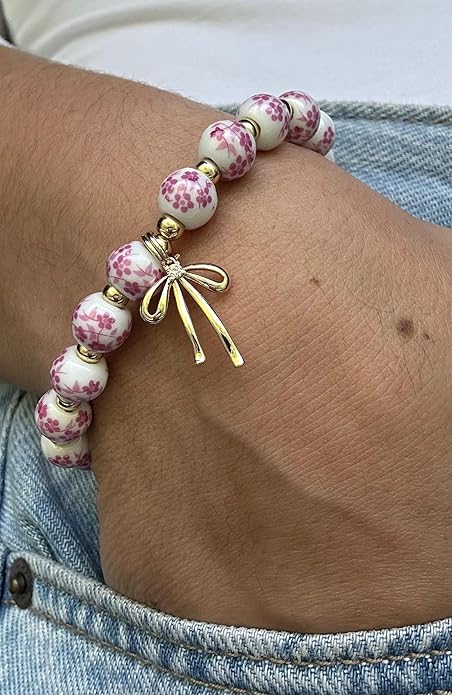 Beads Bow Charm Bracelet for Women Flower Vintage Bracelet Handmade Stretch Beaded Dainty Romantic Jewelry Gifts