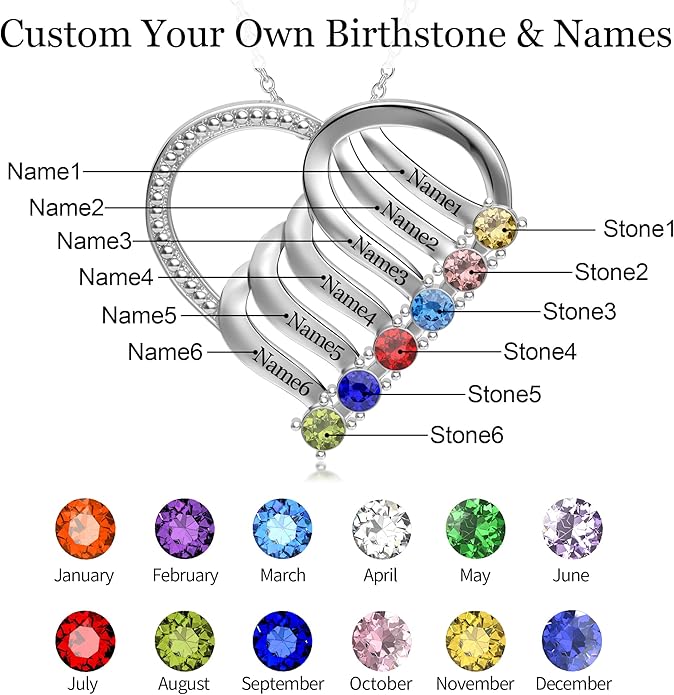 Easycosy Custom Name Necklace with Simulated Birthstones Customized Promise Necklace Heart Pendant with Engraved 2-6 Names - Anniversary Birthday Christmas Jewelry Gifts for Women Wife Mom Grandma