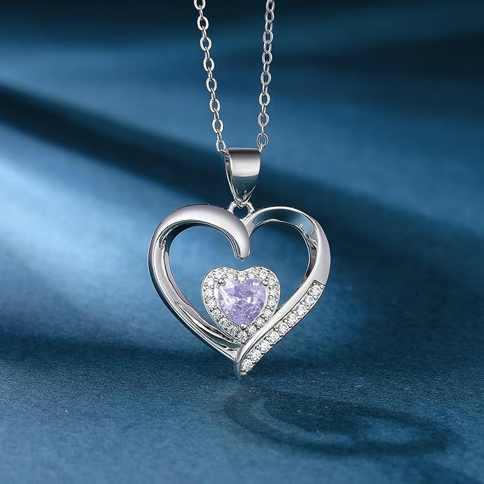 GLIVEOR Heart Birthstone Necklace for Women,S925 Sterling Silver Necklace Birthstone Necklace Heart Necklace for Women Birthday Jewelry Gifts for Women