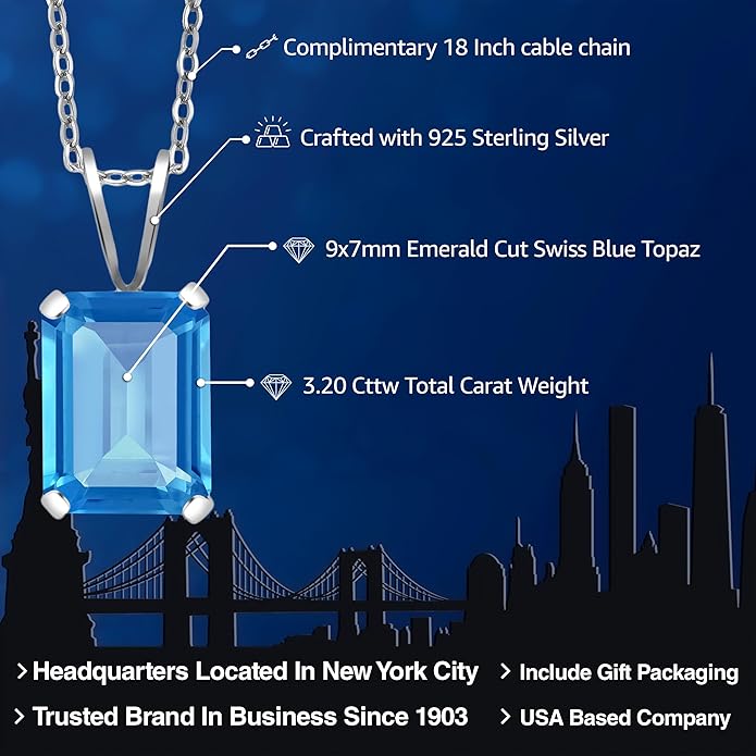 Gem Stone King Emerald Cut Pendant Necklace For Women | 925 Sterling Silver | Emerald Cut 9X7MM | Gemstone Birthstone | Fine Jewelry for Her Mom Wife | With 18 Inch Silver Chain