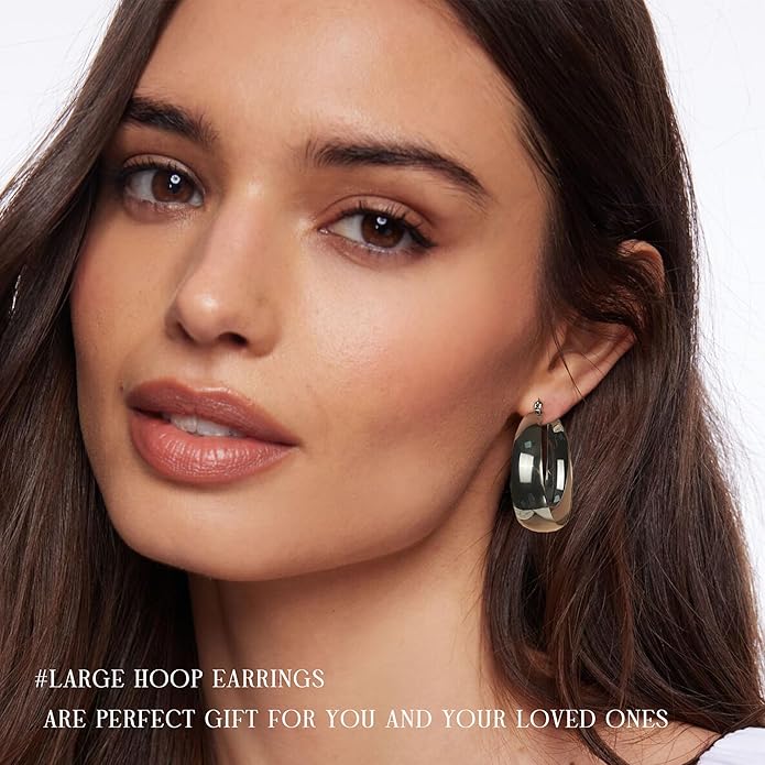 EXGOX Gold Hoop Earrings for Women Sterling Silver Post Hoops Earrings for Women Wide Thick Silver Hoop Earrings Hypoallergenic Lightweight 14k Real Gold Plated Hoop Large Earrings (25/30/40/50MM)