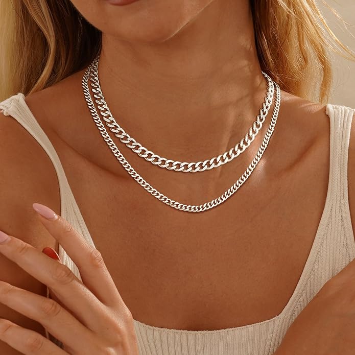 Moodear Layered Necklace for Women Trendy Chunky 14K Gold Plated/Sliver Plated Chain Necklace Cuban Link Paperclip Chain Toggle Clasp Necklace Fashion Jewelry