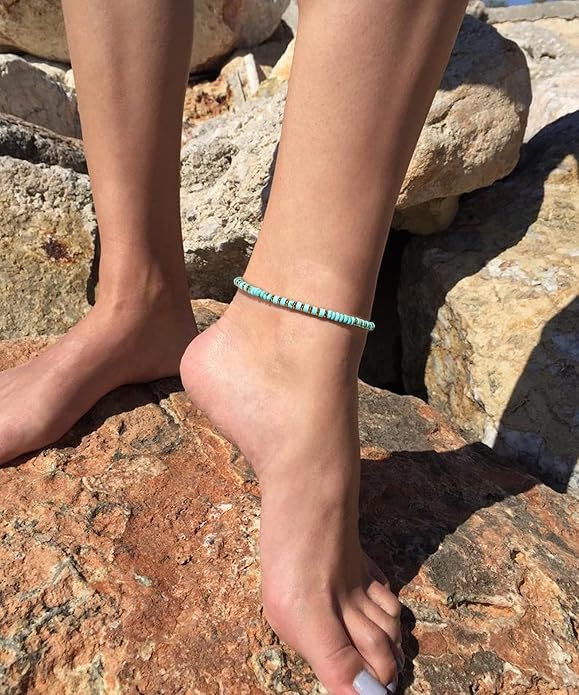 XIJIN Natural Stone Beaded Anklets for Women Handmade Beach Boho Turquoise Beads Ankle Bracelet Jewelry Gift for Her