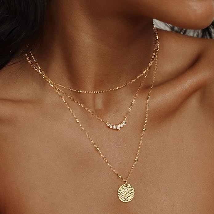 Layered Gold Silver Necklaces for Women, Stackable Stack 14K Real Gold Plated Silver Chain Necklace Diamond Circle CZ Layering Pendant Necklaces Trendy Gold Jewelry Set Gifts