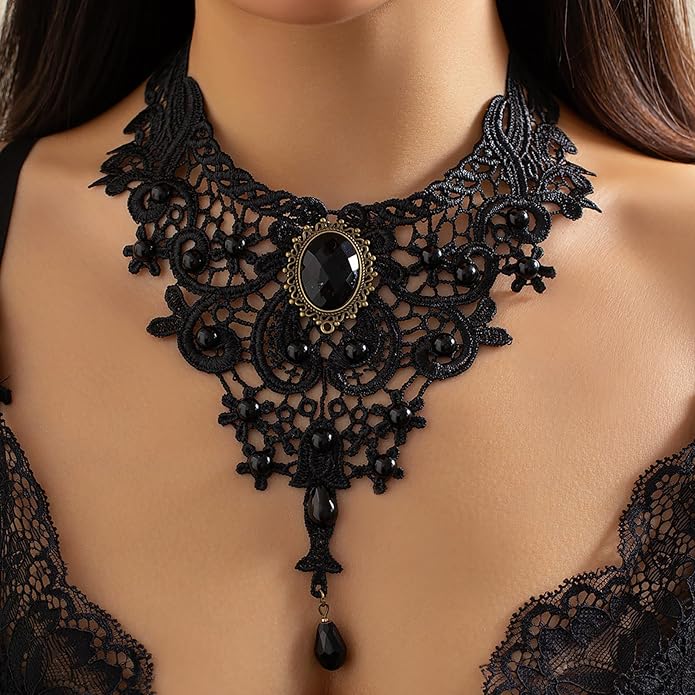 Fesciory Black Necklaces for Women, Adjustable Layered Velvet Leather Lace Collar Necklace, Goth Jewelry Gifts.