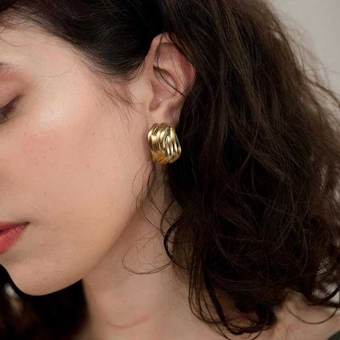 Two Tone Huggie Hoop Earrings Cross Over Design Twisted Rope Silver Gold Statement Wide Band Clip On Hoops for Women Fashion Jewelry Gift