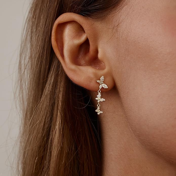 14K Gold Plated Butterfly Dangle Earrings for Women - Dainty, Trendy, Hypoallergenic CZ Drop Earrings - Simple Long Dangling Jewelry