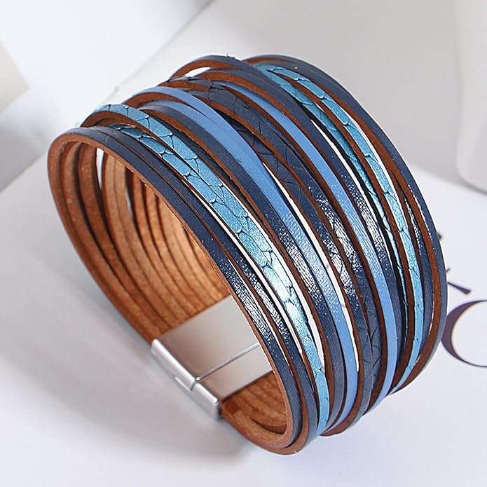 hotoo Handmade Layered Leather Bracelets Wrap for Women Stackable Chunky Colored Men Cuff Bracelet Wristband Bangle Gifts