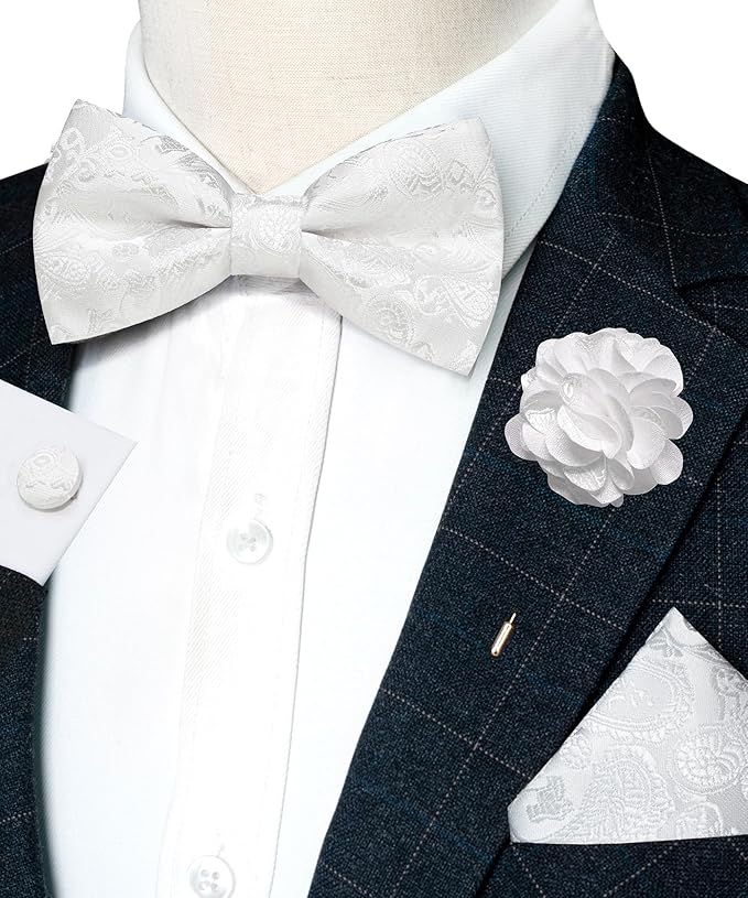 JEMYGINS Paisley Pre-tied Bow Tie and Pocket Square Cufflinks Lapel Pin Sets for Men 4PCS